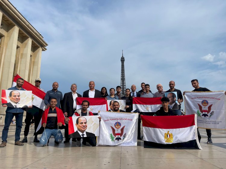 ابناء مصر بفرنسا يستقبلون الرئيس بالاعلام والاغاني الوطنية
