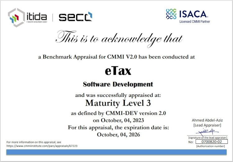 " اي تاكس" تحصل علي شعادة الاعتماد الدولي cmmi لجودة تطوير البرمجيات