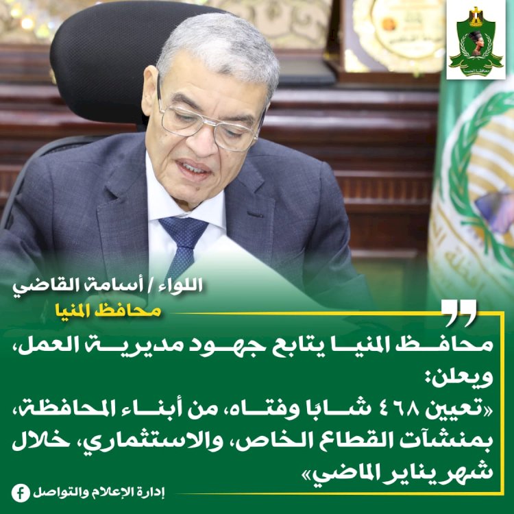 محافظ المنيا: تعيين 468 شابا بالقطاع الخاص والاستثماري