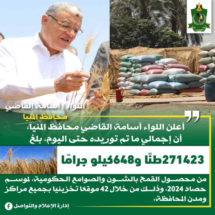 محافظ المنيا: شون وصوامع المحافظة تواصل استقبال القمح وتوريد 271 ألف طن منذ بدء الموسم
