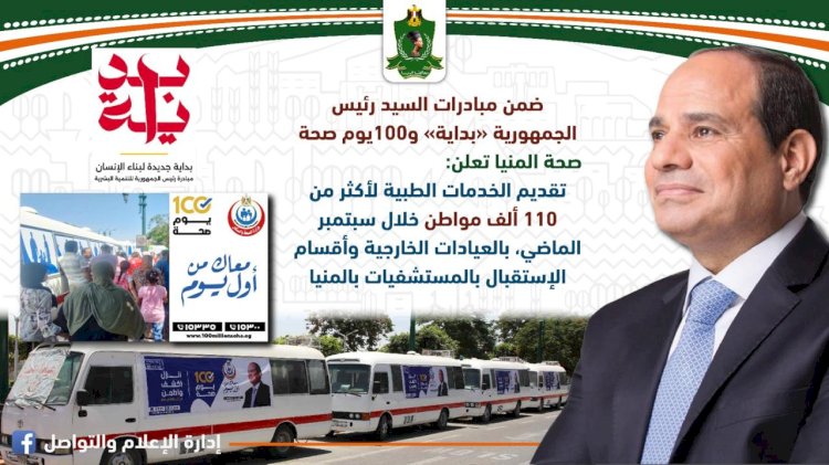 كشف حساب .. محافظ المنيا : 110 آلاف خدمة مجانية صحية خلال سبتمبر الماضى