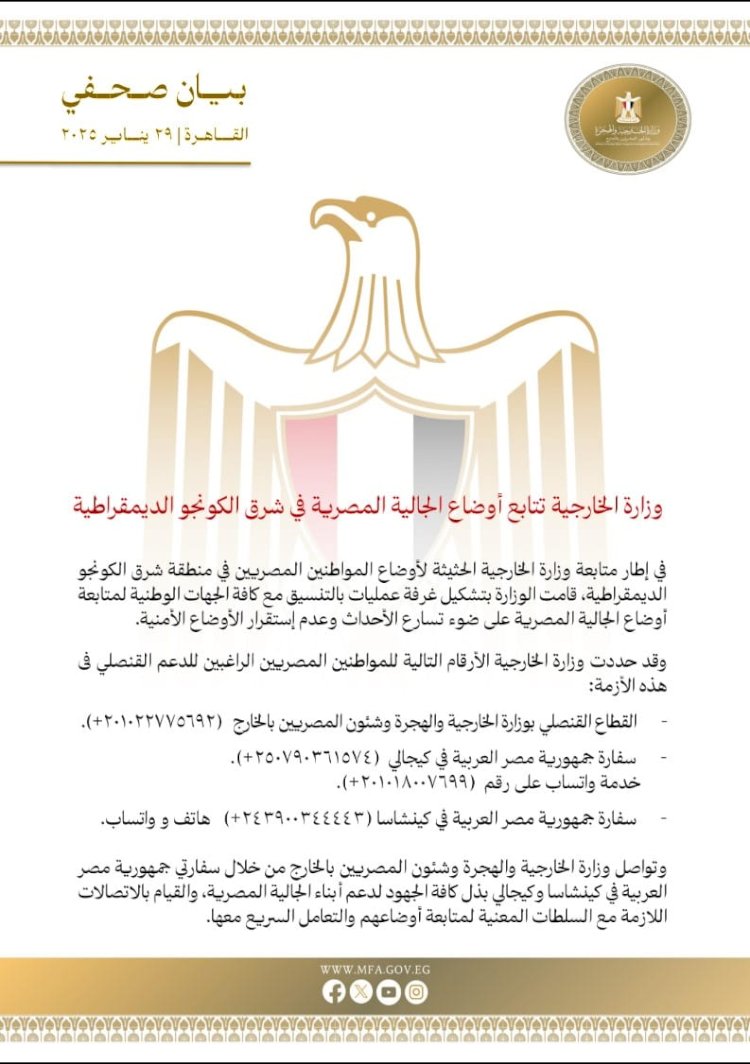 الخارجية: نتابع أوضاع الجالية المصرية بالكونغو