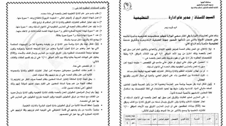 الأحد 7 سبتمبر.. تعليم المنيا يفتح باب التقديم للعمل بنظام الحصة لعام 2025-2026