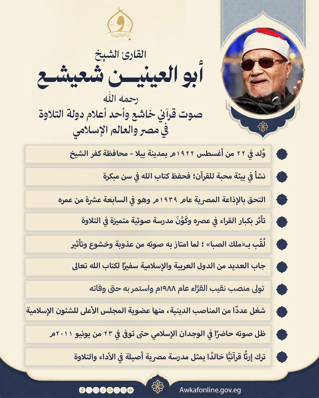 الأوقاف تُحيي ذكرى ميلاد القارئ الكبير الشيخ أبو العينين شعيشع